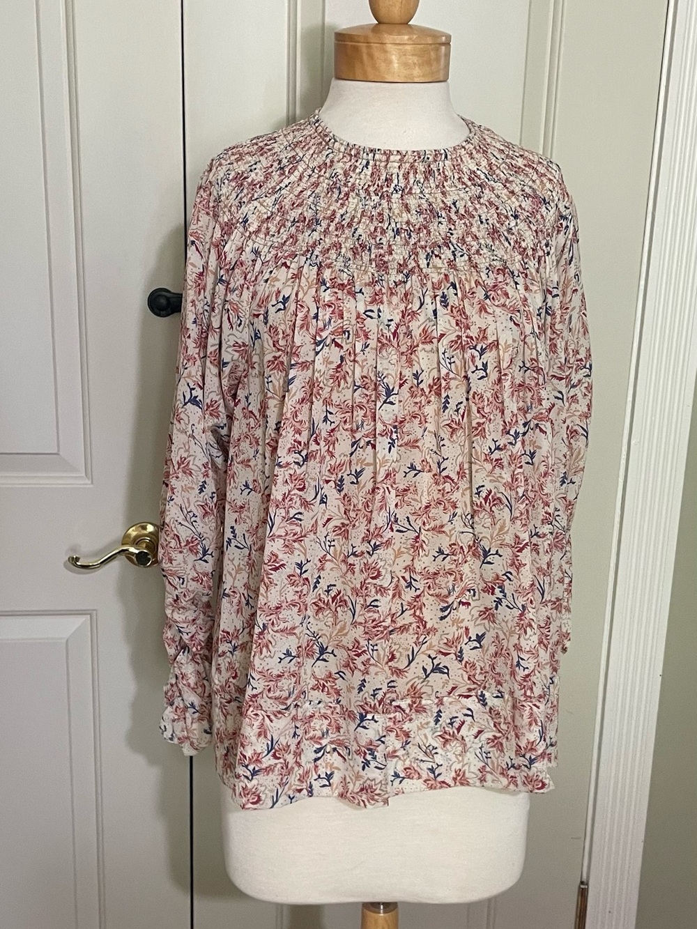 Chloe Cream Floral Smocked-Neck Blouse with Pink & Navy